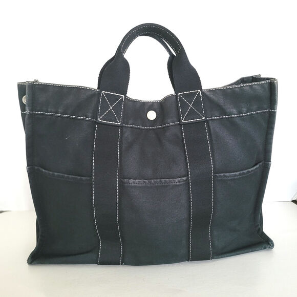 Authentic HERMES Fourre Tout MM Handbag Tote Bag Canvas Black Cotton Large Purse - Picture 1 of 10
